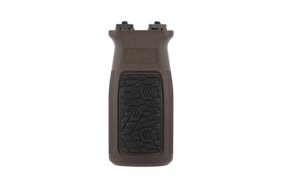 Daniel Defense vertical foregrip in their MIL-SPEC+ brown fits M-LOK handguards and features rubberized textured sides